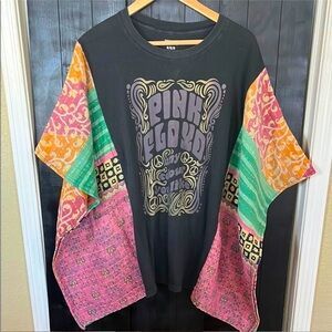Pink Floyd Black Tunic with Pink and Green Kantha Sleeves